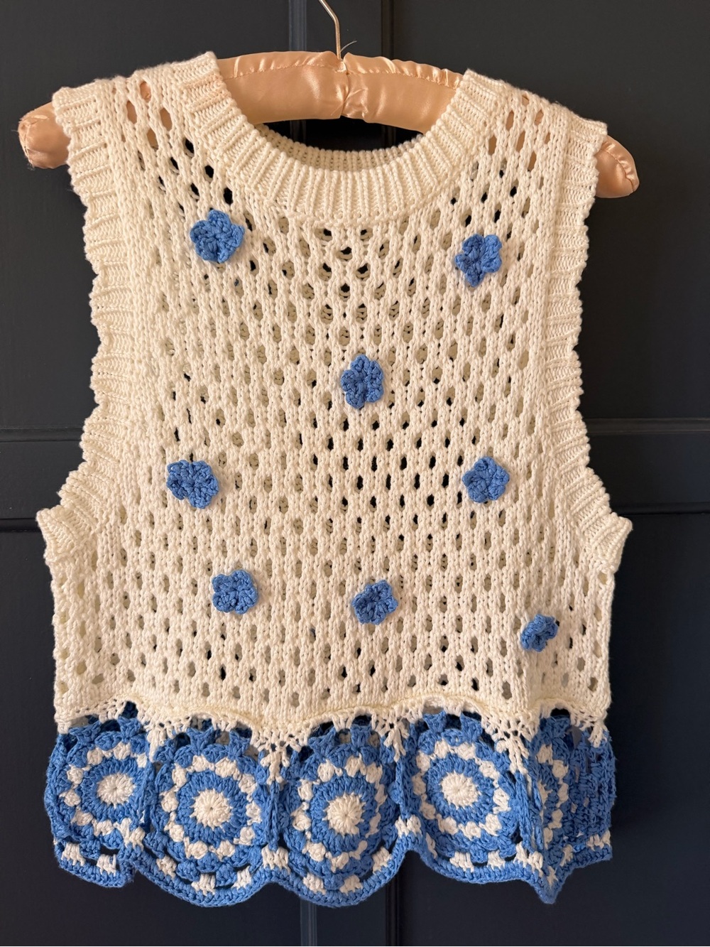 Zara Cream Crochet Sleeveless Sweater Vest with Blue Floral Trim